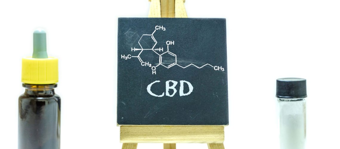 CBD Canabidiol crystals isolate and Oil in glass container with CBD molecule formula on chalk board